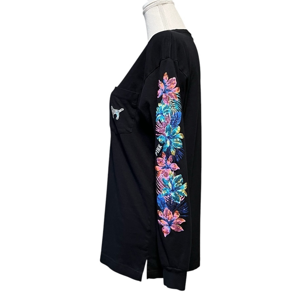 PINK WOMEN’S CUTE LONG SLEEVES BLACK T-SHIRT WITH BRIGHT FLORAL SEQUINS SZ XS